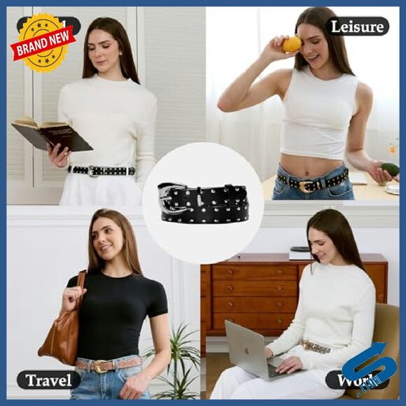 Genuine Leather Studded Belt Adjustable Punk Style 41.3 Inches main image 4